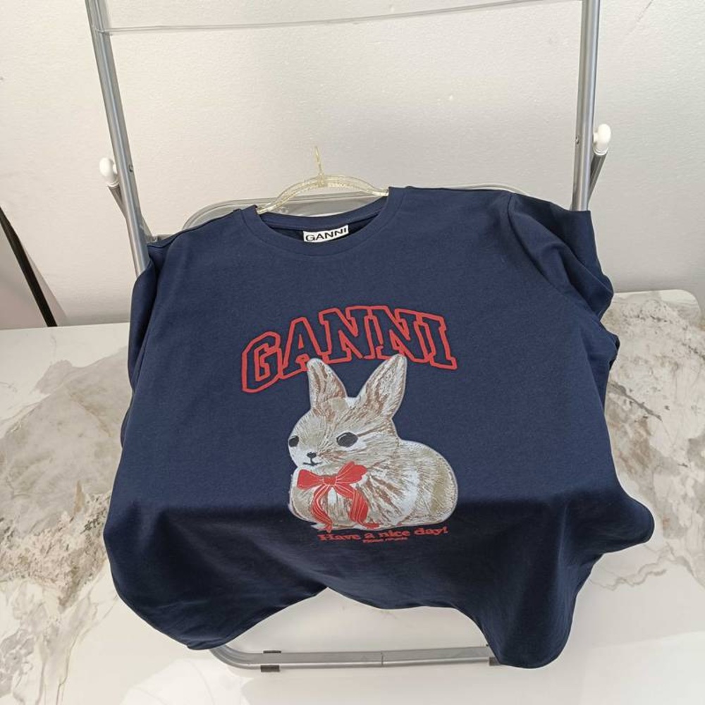 Ganni Navy Tee with Bunny and Red Accents - Picture 2 of 4
